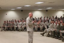 Gen. James F. Amos, commandant of the Marine Corps, and Sgt. Maj. Michael P. Barrett, sergeant major of the Marine Corps, speak to noncommissioned officers from Marine Corps Air Station New River and Camp Geiger at Ivy Hall Sept. 17.