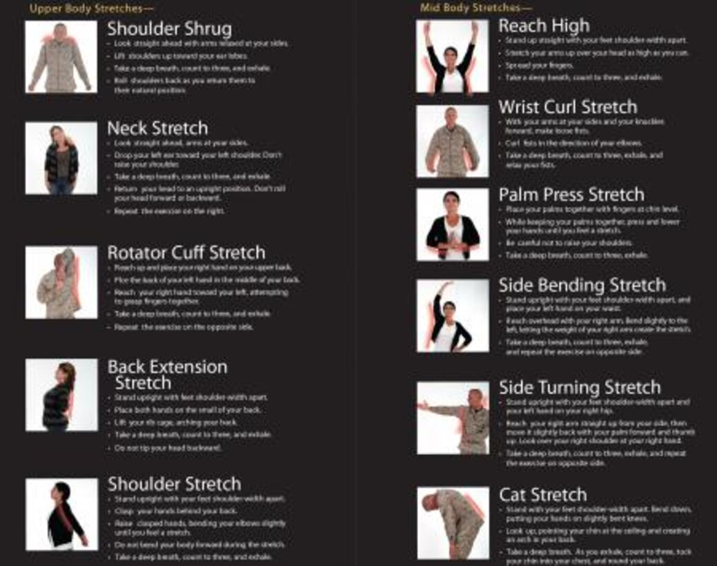 A Stretch and Flex Program guide found throughout Marine Corps Logistics Base Barstow, Calif. Performing various stretches reduces the risk of injury for anyone, no matter how active they are.
