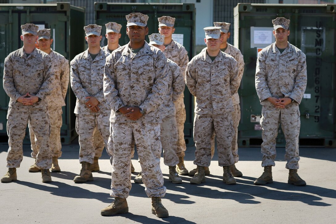 Sergeant Charles Lopez (center), squad leader, 1st Squad, 2nd Platoon, Delta Company, 1st Battalion, 1st Marine Regiment, served with First of the First for eight years, his entire career. He's deployed in support of combat operations to Fallujah, Iraq, twice, once on the 31st Marine Expeditionary Unit, and most recently deployed to Helmand province, Afghanistan, during 2011Lopez had the choice to transition to another duty station when he re-enlisted during 2009, but he chose to stay with First of the First so he can sharpen his skills as an infantry rifleman and an antitank missileman. Lopez is a native of San Antonio.