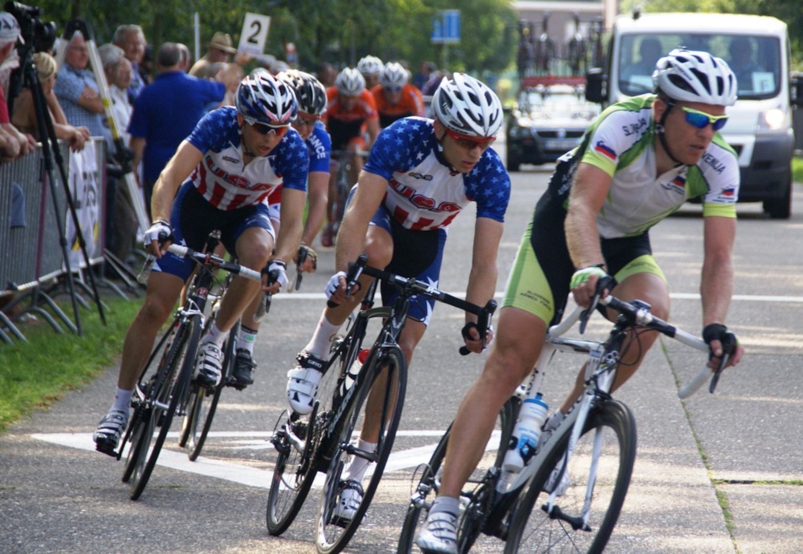 Left to Right:  SSgt Dwayne Farr (Air Force) and 1st Lt Jay ShalekBriski (Air Force) on the mens road race course competing in the 2013 CISM World Military Cycling Championship 2-6 September in Leopoldsburg, Belgium.  