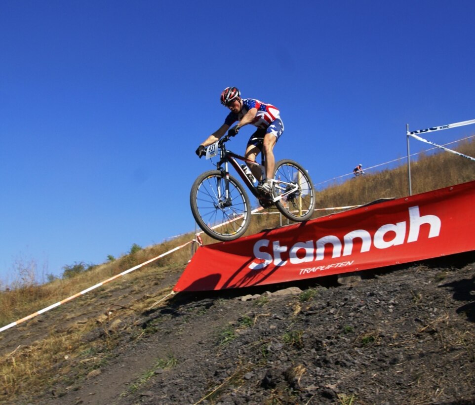 SrA Dave Flaten (USAF) on the hills of the 1st ever Mountain Bike race at the 2013 CISM World Military Cycling Championship 2-6 September in Leopoldsburg, Belgium.  