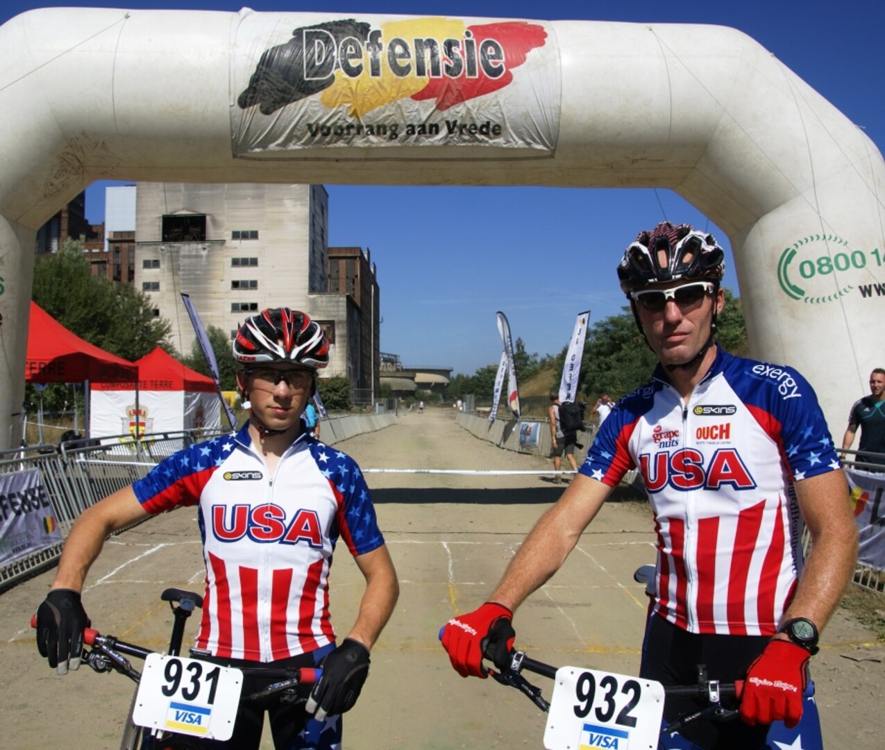 Left to Right:  SrA Dave Flaten (USAF) and AWSI Chuck Jenkins (Navy) take fifth place at the 1st ever Mountain Bike race of the 2013 CISM World Military Cycling Championship 2-6 September in Leopoldsburg, Belgium.  