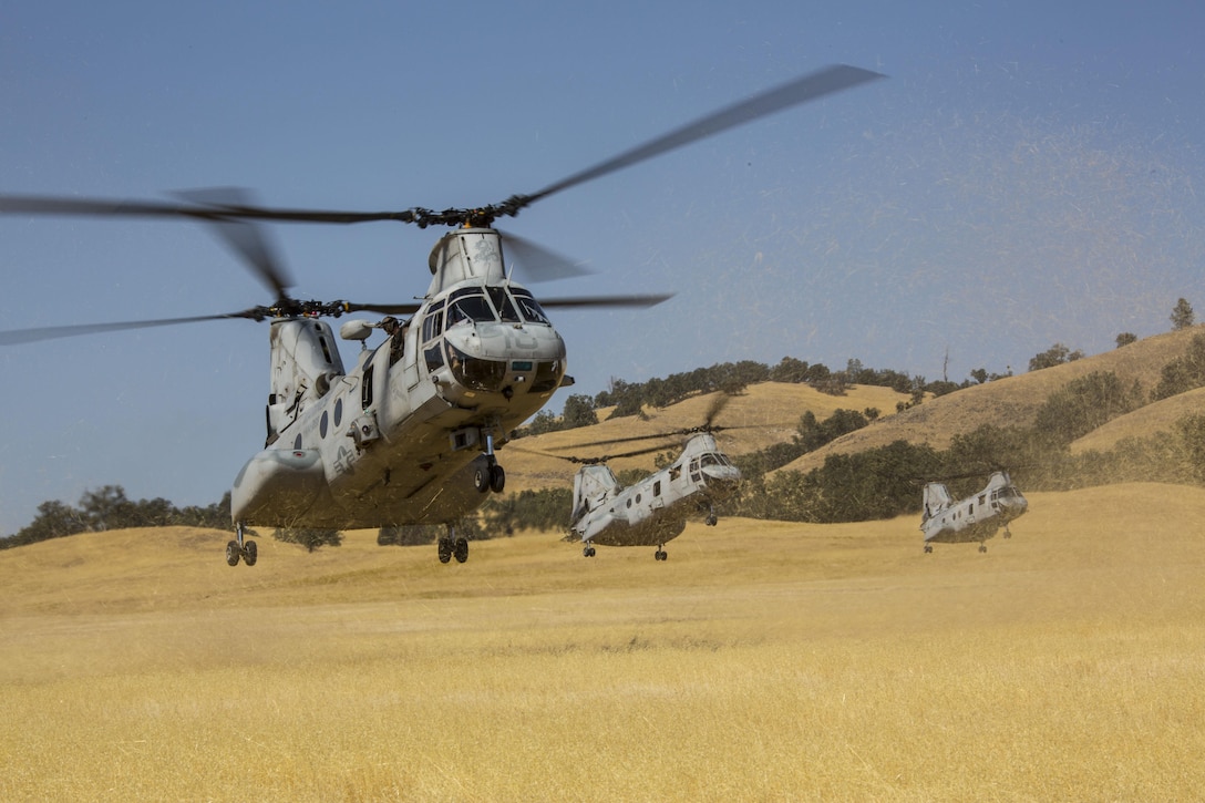 Three CH-46E Sea Knights with Marine Medium Helicopter Squadron 268 land during a division confined area landing training flight aboard Fort Hunter Legit, Calif., Sept. 10. This deployment for training is a part of the last Sea Knight training before HMM-268 begins its transition into a Marine medium tiltrotor squadron.    