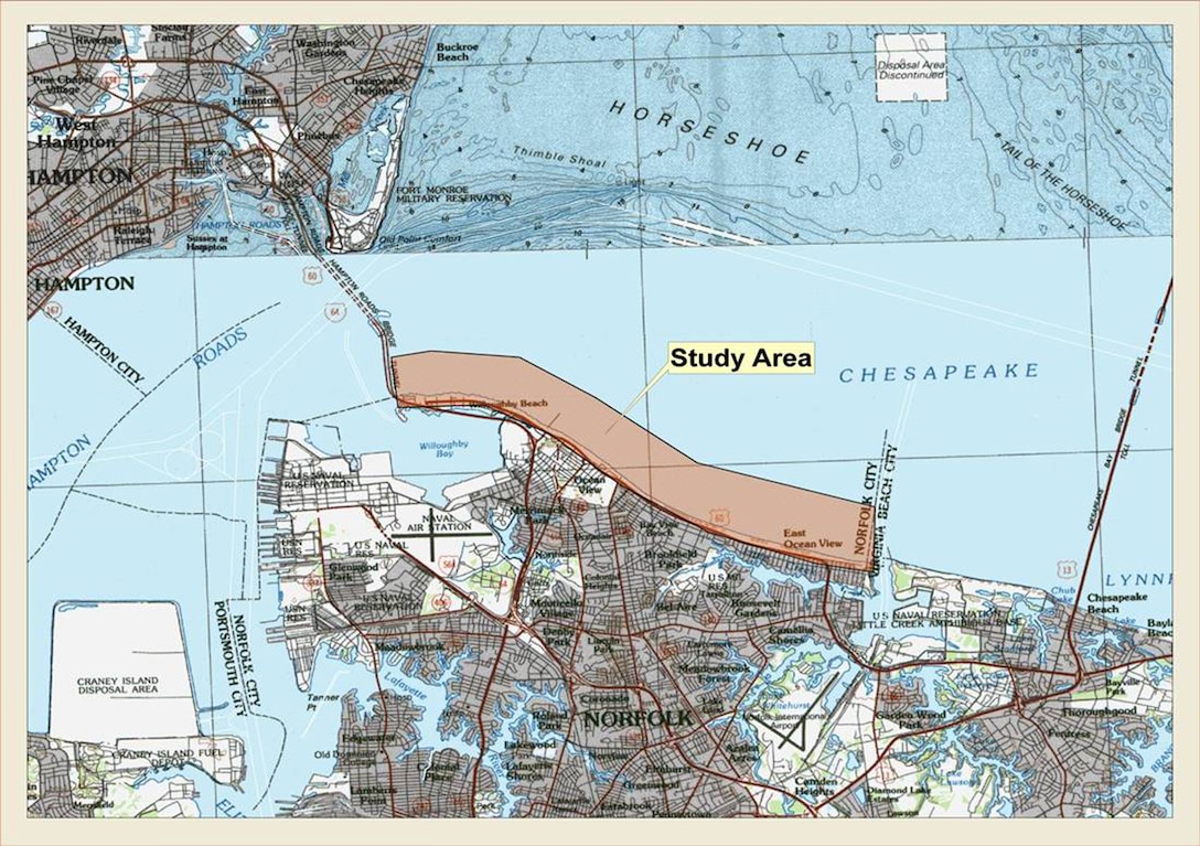 Vicinity map. This Limited Reevaluation Report (LRR) and accompanying Environmental Assessment (EA) present the findings, conclusions, and recommendations of a limited reevaluation study of the coastal storm damage problems and needs of 7.3 miles of Chesapeake Bay shoreline within the city of Norfolk, Virginia.  A 1983 Feasibility Report, also conducted by the U.S. Army Corps of Engineers, recommended an implementable plan for a coastal storm damage reduction project which was later authorized for construction by Congress in the Water Resources Development Act of 1986.  The Authorized Project consisted of the construction and periodic sand renourishment of a protective beach berm along the entire study area shoreline.  Preconstruction Engineering and Design (PED) investigations leading to the construction of the Authorized Project were put on hold from the mid-1990s to the early 2000s due to a shift in local priorities in the study area resulting from the construction of two major Navy dredging/sand placement projects and state funding for the construction of offshore breakwaters.  In 2003, Hurricane Isabel brought about a renewed interest in the Authorized Project and with support at the local and Federal levels, PED investigations restarted to include the completion of a limited reevaluation study to determine whether there was continued Federal and local interest in the construction of the Authorized Project or a reformulated project plan.