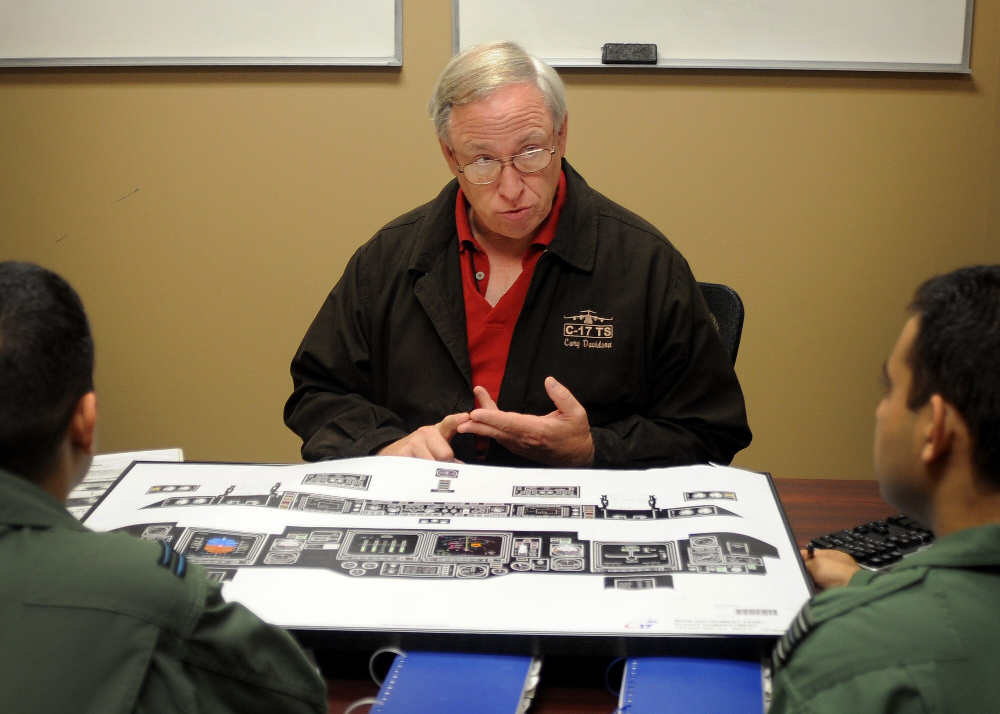 ALTUS AIR FORCE BASE, Okla. – Retired U.S. Air Force Maj. Cary Davidson, L-3 Communications C-17 Globemaster III simulator instructor, speaks to international student pilots during a pre-flight briefing at the C-17 Aircrew Training Center Sept. 25. Davidson has instructed students on the C-17 since 1988 when he was assigned to the 57th Airlift Squadron at Altus AFB. (U.S. Air Force photo by Airman 1st Class Levin Boland/Released)