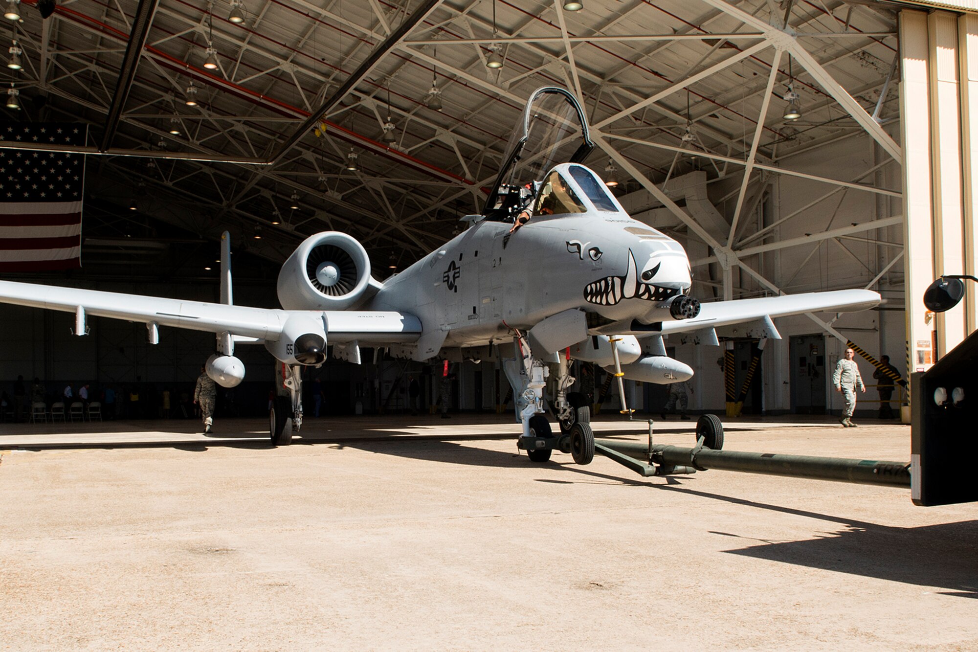 An A-10 Thunderbolt II, once belonging to the 917th Fighter Group, is towed away from the A-10 maintenance hangar following an Inactivation Ceremony, Sept. 26, 2013, Barksdale Air Force Base, La. The 917th began a 50 year history at Barksdale, when on Jan. 17, 1963, the 917th Troop Carrier Group was formed. (U.S. Air Force photo by Master Sgt. Greg Steele/Released)