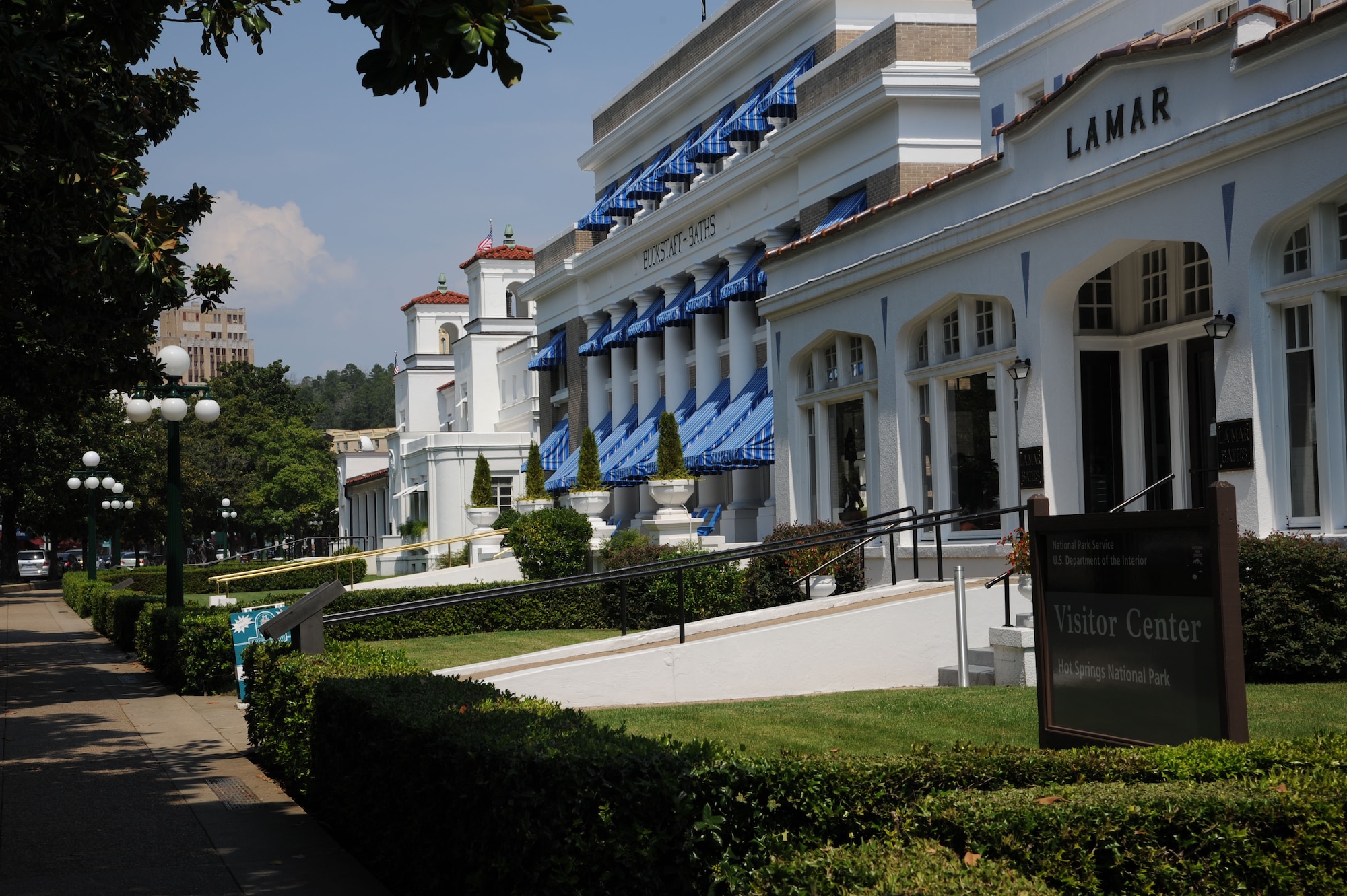 The historic Bathhouse Row sits on Central Avenue, Hot Springs, Ark. The bathhouses have garnered the city national fame through their use of Hot Springs’ thermal water. (U.S. Air Force photo by Airman 1st Class Harry Brexel)