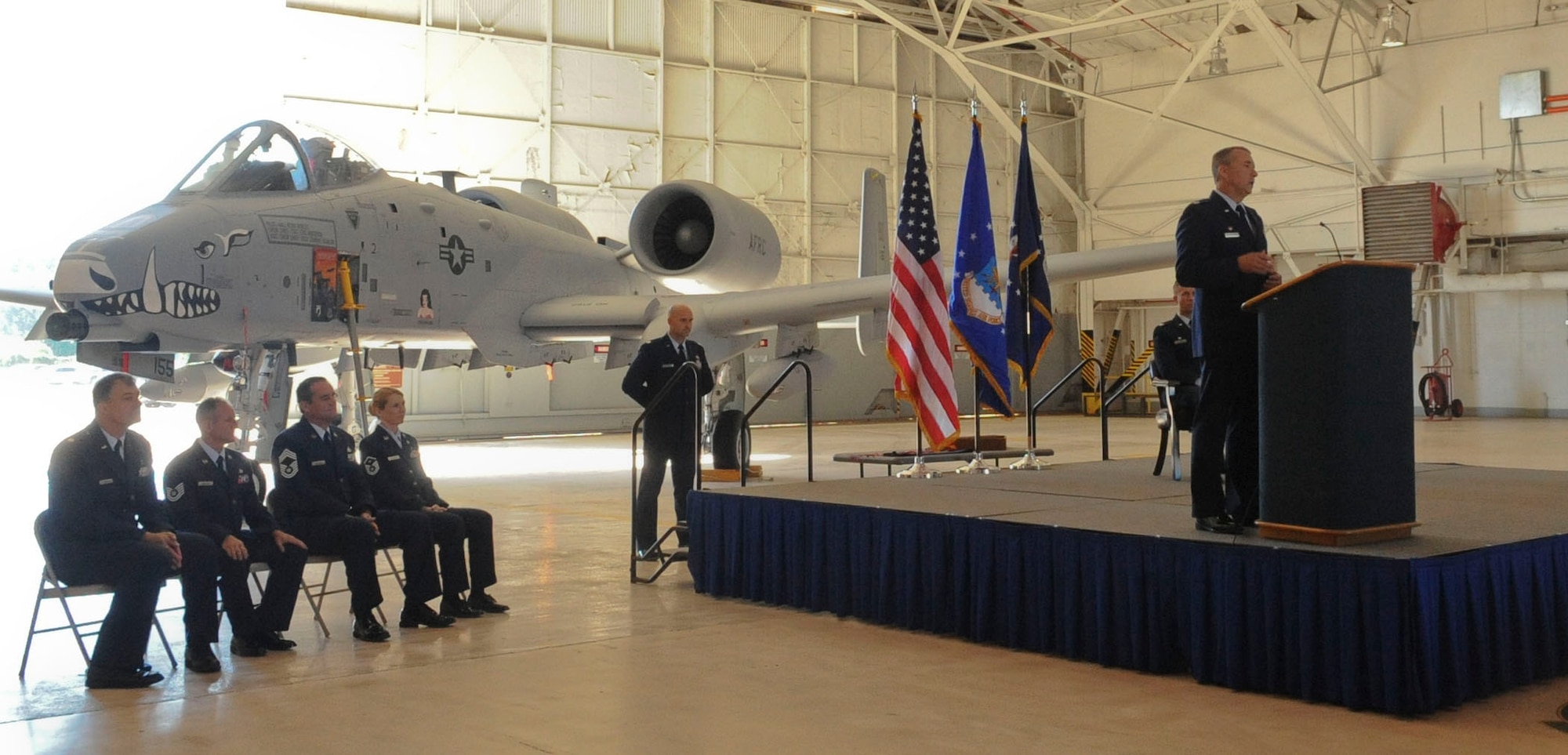 Col. John Breazeale, 917th Fighter Group commander, addresses Airmen and community members during an inactivation ceremony on Barksdale Air Force Base, La., Sept. 26, 2013. The 917th FG was originally formed as the 917th Troop Carrier Group on Jan. 17, 1963. Its mission was to administer and support its assigned 78th Troop Carrier Squadron, which was equipped with C-124s. (U.S. Air Force photo/Senior Airman Kristin High)