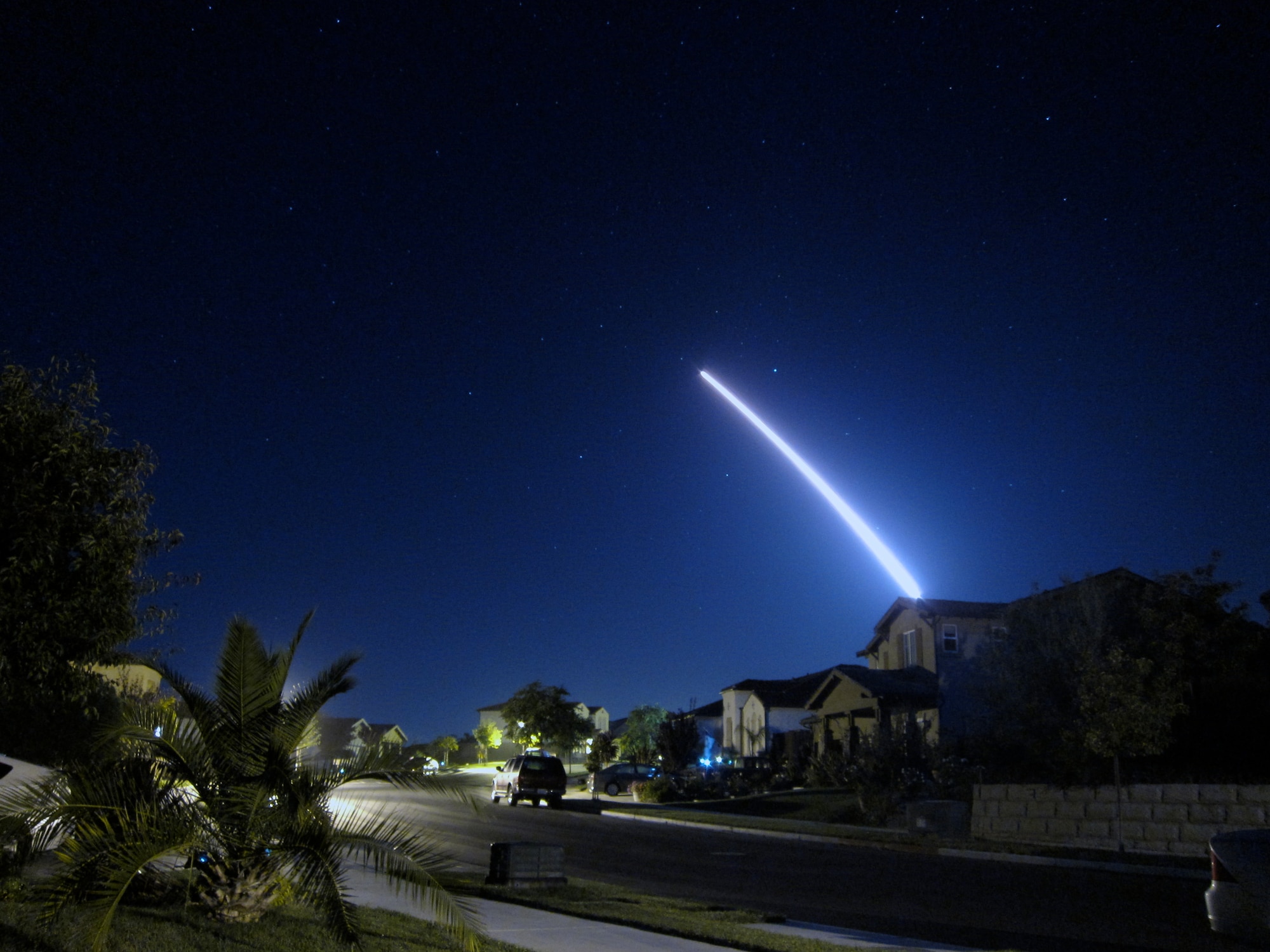 LOMPOC, Calif. - An operational test launch of an unarmed Minuteman III intercontinental ballistic missile from Vandenberg Air Force Base, Calif., is seen from nearby Lompoc, Calif. The ICBM safely launched and traveled the approximately 4,200 nautical miles to its target in the Marshall Islands. (Photo courtesy of Lt. Col. Andy Wulfestieg)