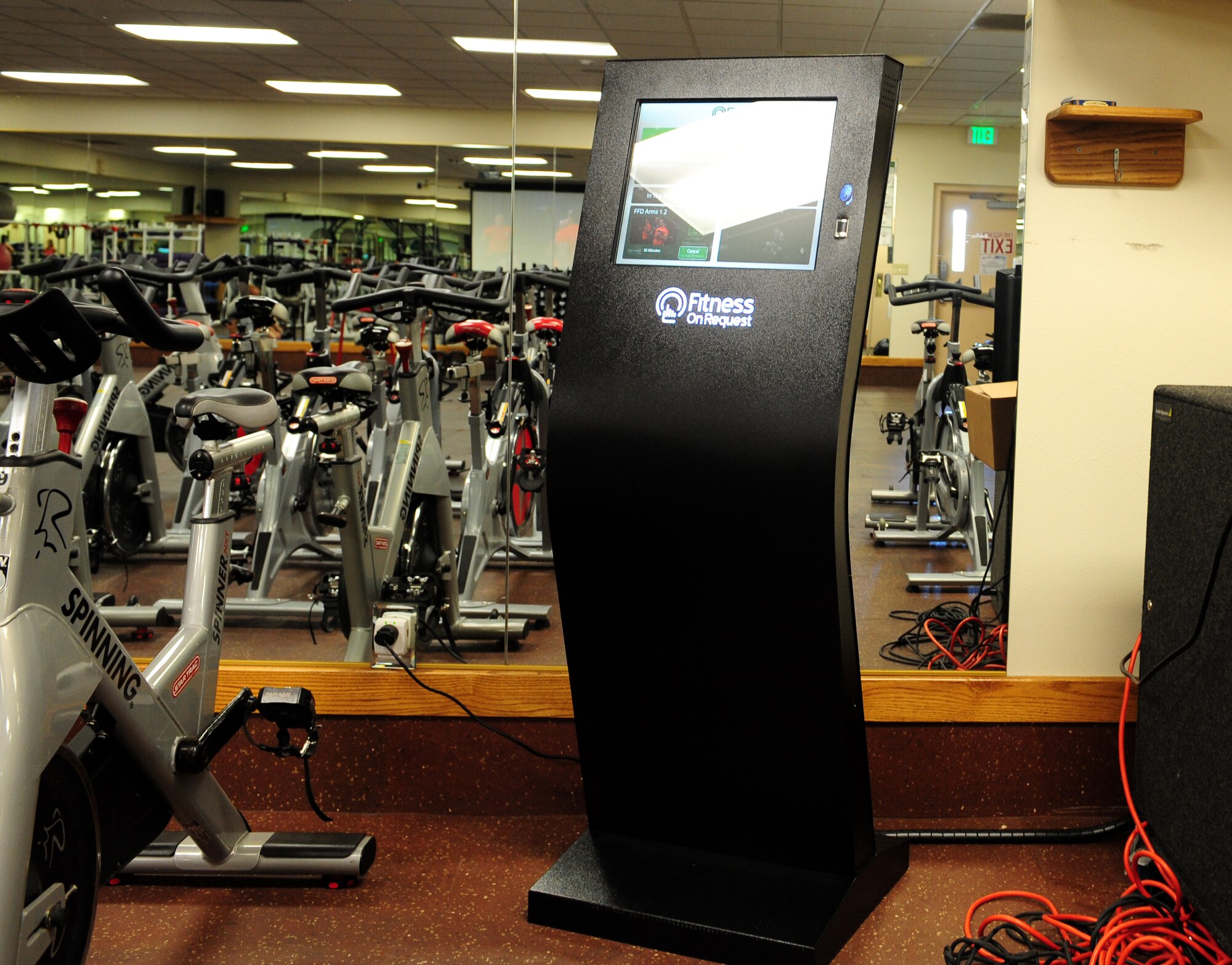 A new fitness kiosk is available for use in the aerobics room at the Beale Air Force Base, Harris Fitness Center. The new kiosk offers a variety of virtual workouts. (U.S. Air Force photo by Airman 1st Class Bobby Cummings/Released)