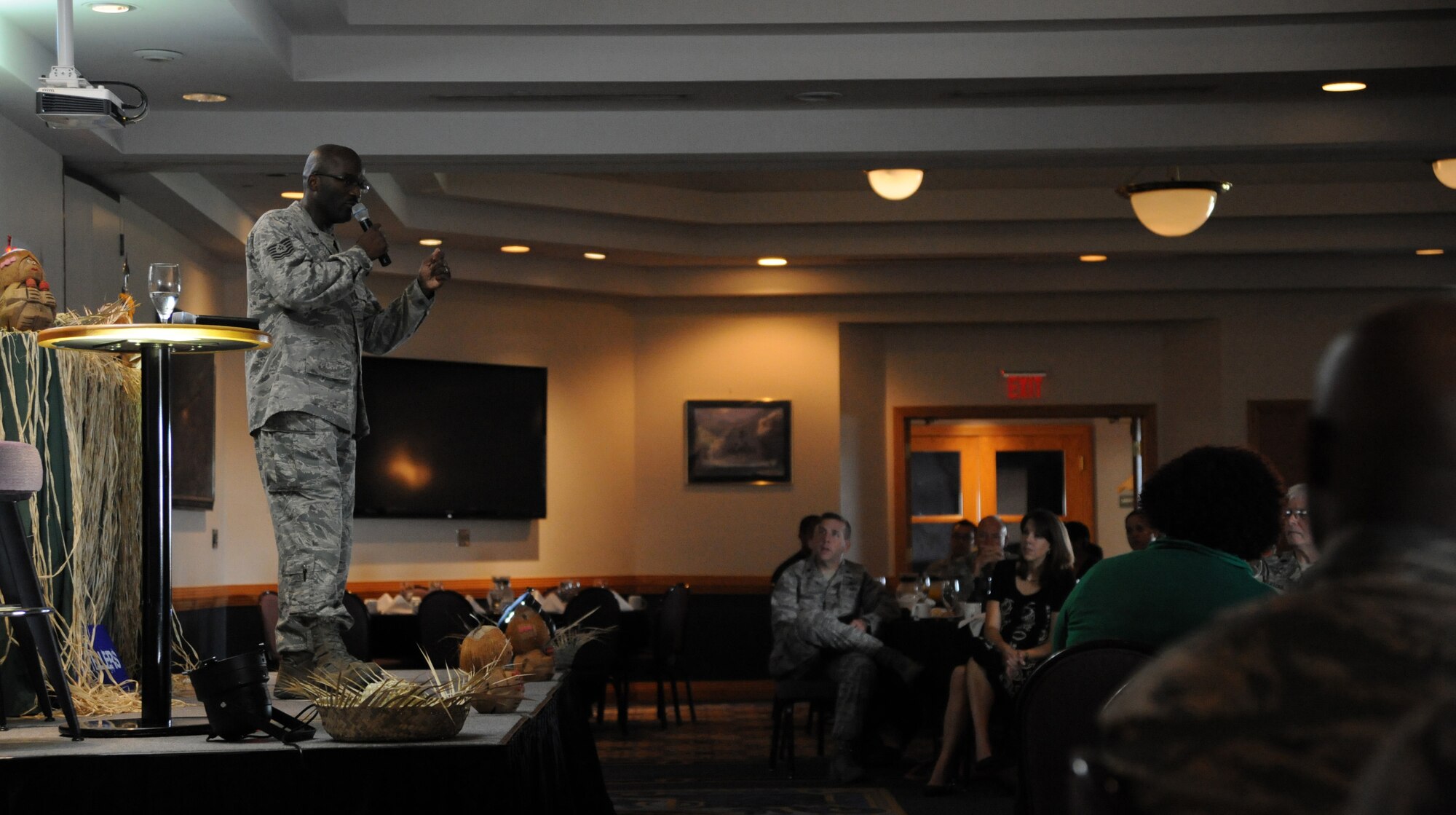 U.S. Air Force Tech. Sgt. Maurice Ingram from the 509th Bomb Wing Equal Opportunity Office shares his story of overcoming depression during the Storytellers II event, Sept. 19, 2013, at Whiteman Air Force Base, Mo.  Other Storytellers during the event shared how they overcame abusive relationships, marital issues and banishment from their families. (U.S. Air Force photo by Staff Sgt. Brigitte N. Brantley/Released)