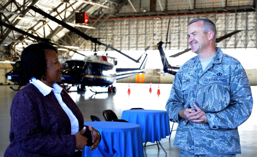 Col. Larry H. Lang talks about the U.S. Air Force Band with Maryland Delegate Melony Griffith from District 25 during an orientation tour of Joint Base Andrews, Md., Sept. 25, 2013. The U.S. Air Force Band is the Air Force's premier musical organization. Lang is The U.S. Air Force Band commander. (U.S. Air Force photo/ Tech. Sgt. Tammie Moore))