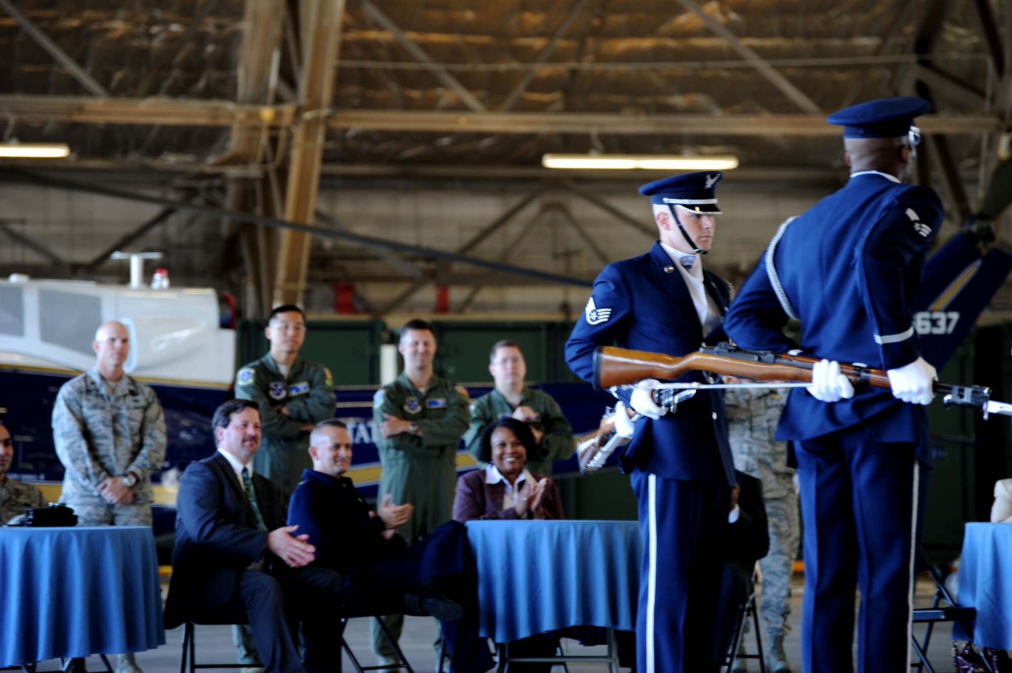 Members of the U.S. Air Force Honor Guard preform for Maryland Delegate Melony Griffith from District 25 during an orientation tour of Joint Base Andrews, Md., Sept. 25, 2013. The mission of the U.S. Air Force Honor Guard is to represent Airmen to the American Public and the World. Organizationally, the U.S. Air Force Honor Guard consists of three ceremonial flights, made up of Colors, Bearers and Firing Party qualified personnel. The U.S. Air Force Honor Guard also operates the U.S. Air Force Drill Team. (U.S. Air Force photo/ Tech. Sgt. Tammie Moore)
