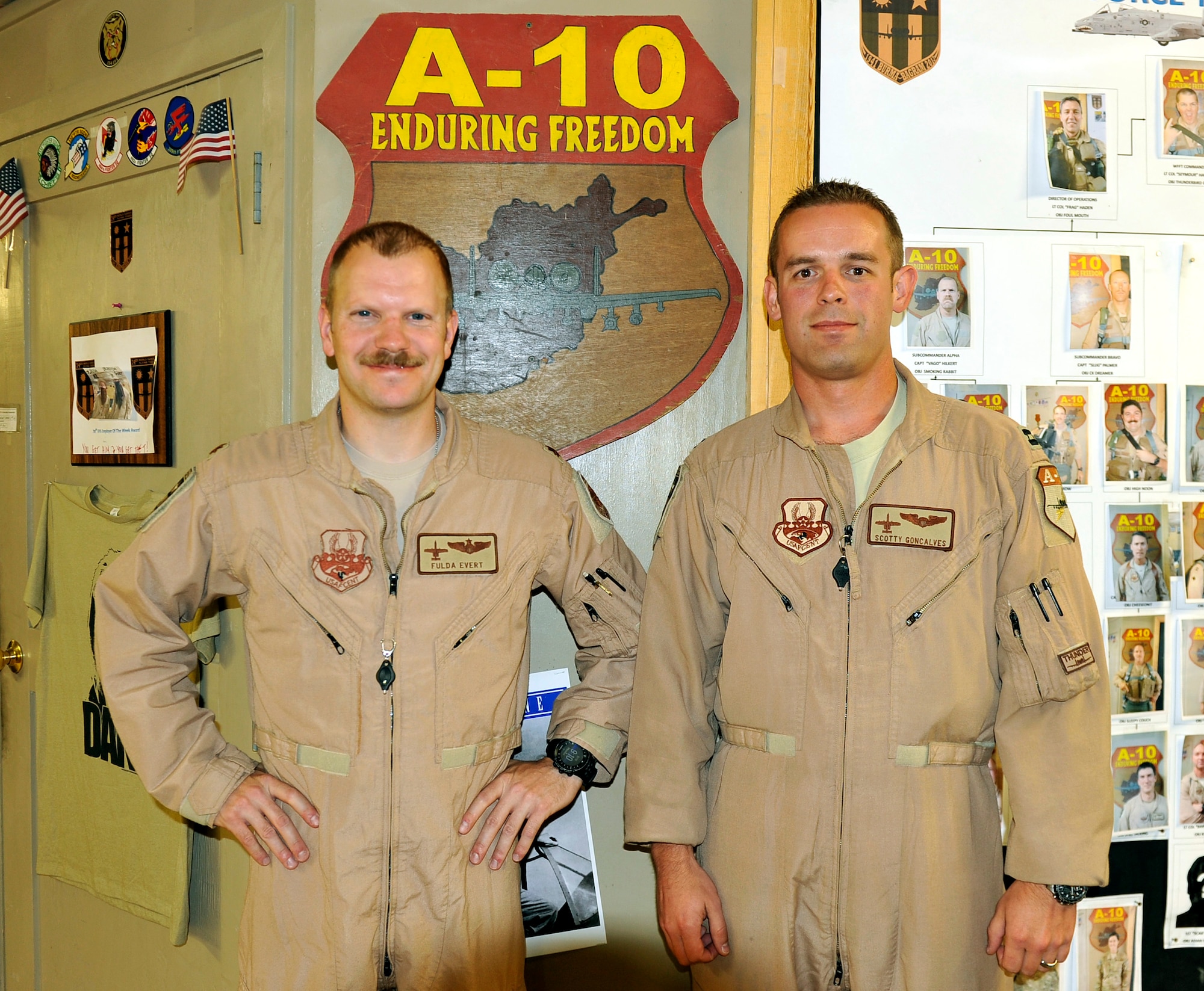 Maj. Lawrence Evert and Capt. Alan Goncalves, 74th Expeditionary Wing A-10C pilots have accumulated more than 1,000 combat hours during their multiple deployments to Afghanistan. The members are currently deployed from Moody Air Force Base, Ga., to Bagram Airfield, Afghanistan. (U.S. Air Force photo/ Staff Sgt. Stephenie Wade)
