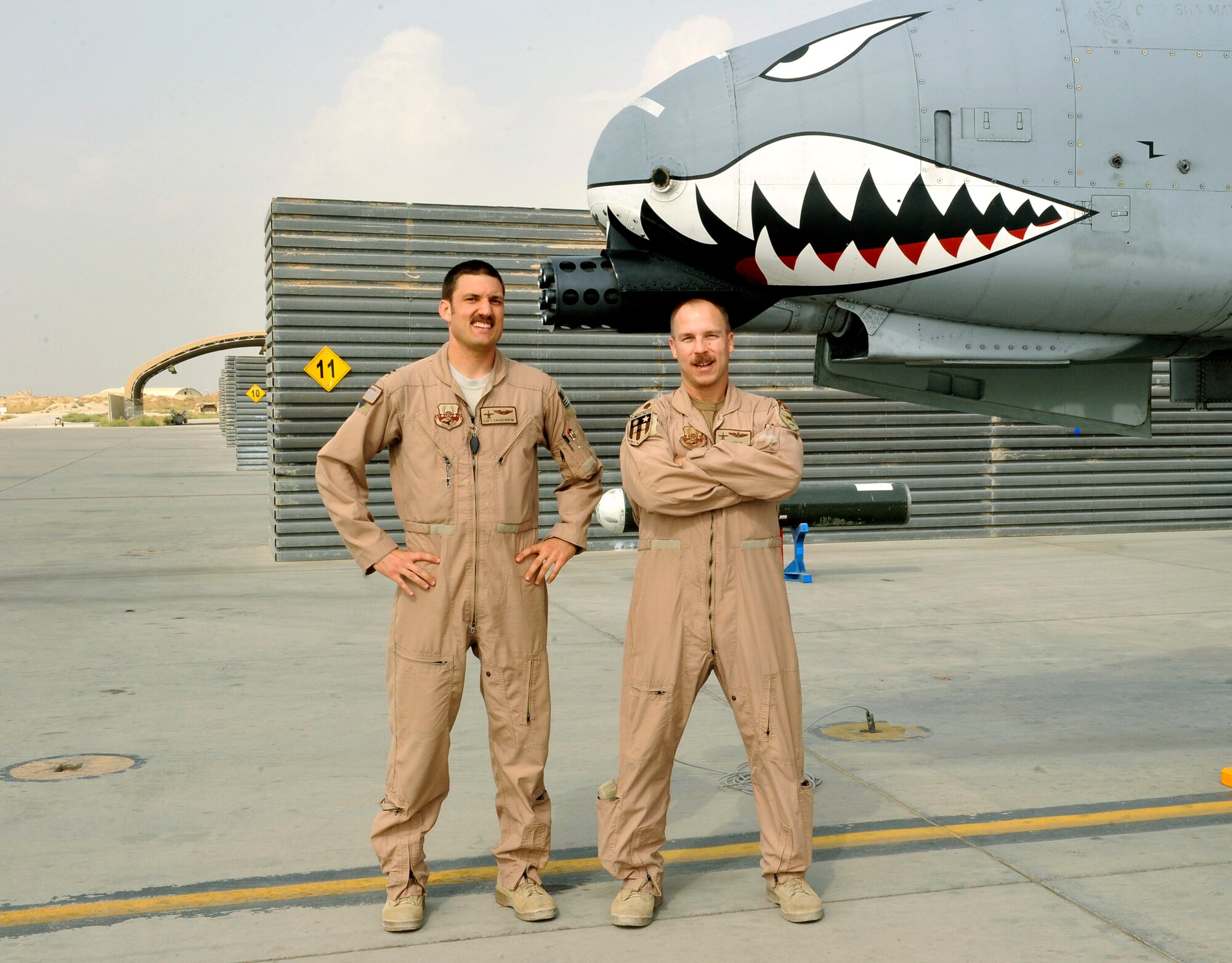 Maj. Michael Roche and Capt. Michael Sackenheim, 74th Expeditionary Wing A-10C pilots have accumulated more than 1,000 combat hours during their multiple deployments to Afghanistan. The members are currently deployed from Moody Air Force Base, Ga., to Bagram Airfield, Afghanistan. Roche, native of Albertson, N.Y., and Sackenheim is a native of Hamilton, Ohio. (U.S. Air Force photo/ Staff Sgt. Stephenie Wade)