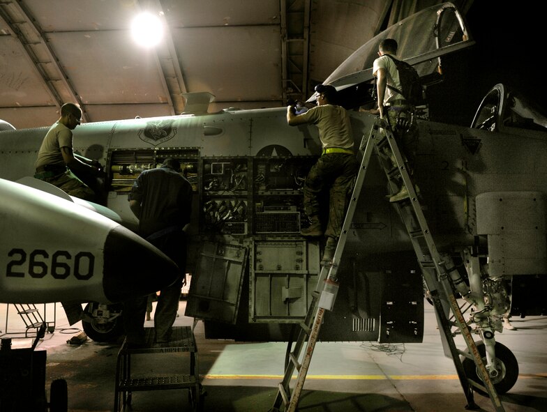 Crew chiefs assigned to the 455th Expeditionary Aircraft Maintenance Squadron  conduct maintenance on an A-10 Thunderbolt II aircraft during a phase inspection on Bagram Airfield, Afghanistan. The 455th EAMXS Airmen conducted 33 A-10 phase inspections during their six month deployment here. The A-10's and maintainers are deployed from Moody Air Force Base, Ga. (U.S. Air Force photo/ Staff Sgt. Stephenie Wade)