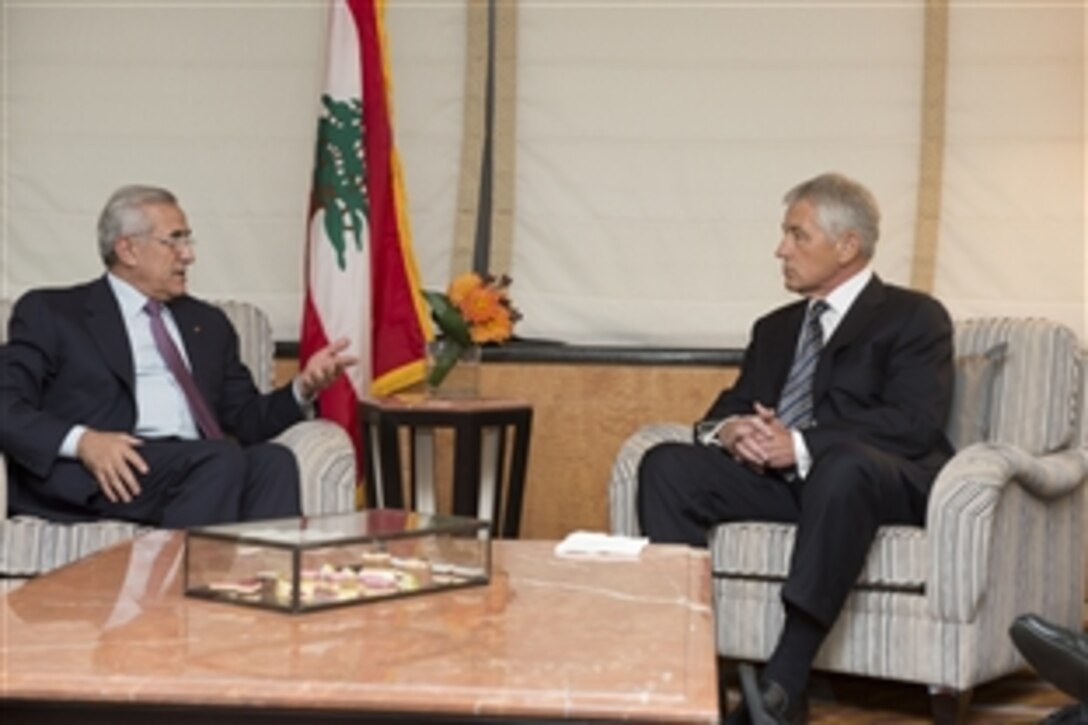 U.S. Defense Secretary Chuck Hagel, right, meets with Lebanese President Michel Sleiman on the sidelines of the U.N. General Assembly in New York, Sept. 26, 2013. 