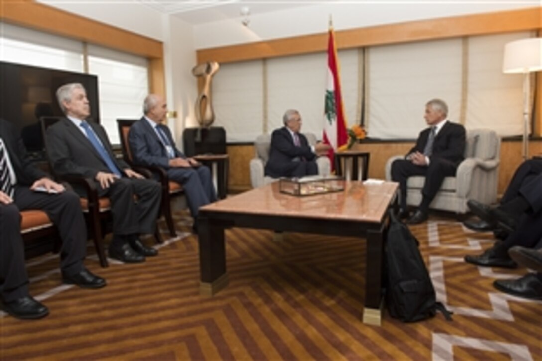 U.S. Defense Secretary Chuck Hagel, center right, meets with Lebanese President Michel Sleiman, center left, on the sidelines of the U.N. General Assembly in New York, Sept. 26, 2013. 