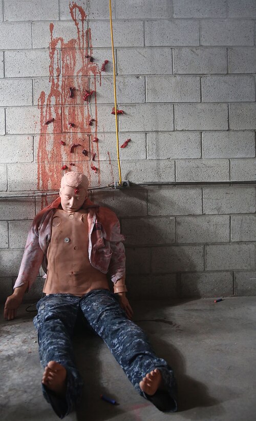This mannequin is just one of the many horrors students going through the 2nd Medical Battalion, 2nd Marine Logistics Group Tactical Combat Casualty Care/Combat Lifesaver course had to encounter aboard Camp Lejeune, N.C., September 26, 2013. Students transitioned from broad daylight to a dark building, filled with loud noises and fog, and were responsible for treating and evacuating casualties. (U.S. Marine Corps photo by Lance Cpl. Shawn Valosin)