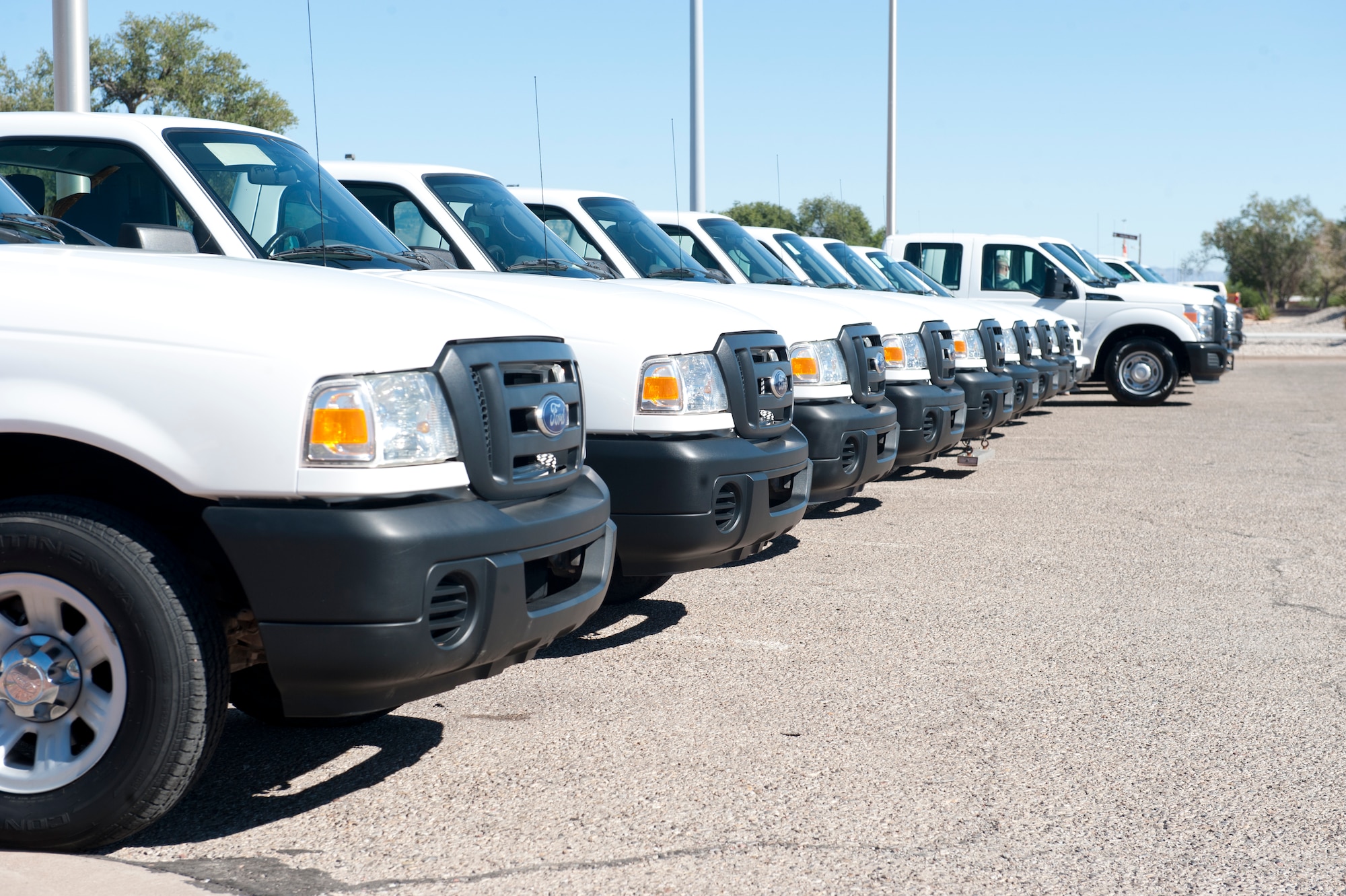 Trucks are lined up to escort inspectors as they begin the Unit Effectiveness Inspection at Holloman Air Force Base, N.M., Sept. 25.  Holloman AFB is the first base in Air Combat Command to undergo a UEI under the Air Force’s new inspection system, announced under Air Force Instruction 90-201. (U.S. Air Force photo by Airman 1st Class Daniel E. Liddicoet)