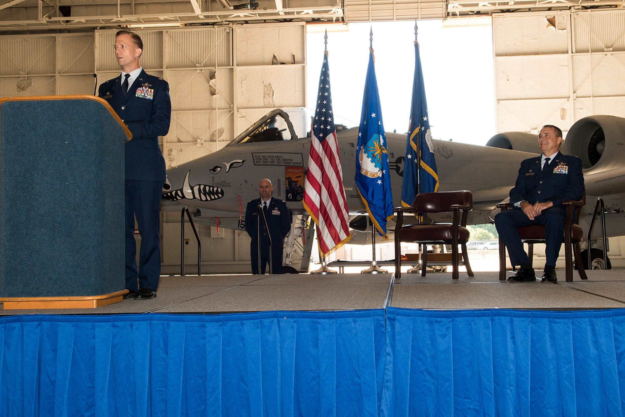 U.S. Air Force Col. Hubert Hegtvedt, 442nd Fighter Wing commander, speaks during the Inactivation Ceremony of the 917th Fighter Group, Sept. 26, 2013, Barksdale Air Force Base, La. The FG was inactivated, ending a 50 year history of the 917th at Barksdale, which started on Jan. 17, 1963, with the forming of the 917th Troop Carrier Group. (U.S. Air Force photo by Master Sgt. Greg Steele/Released)