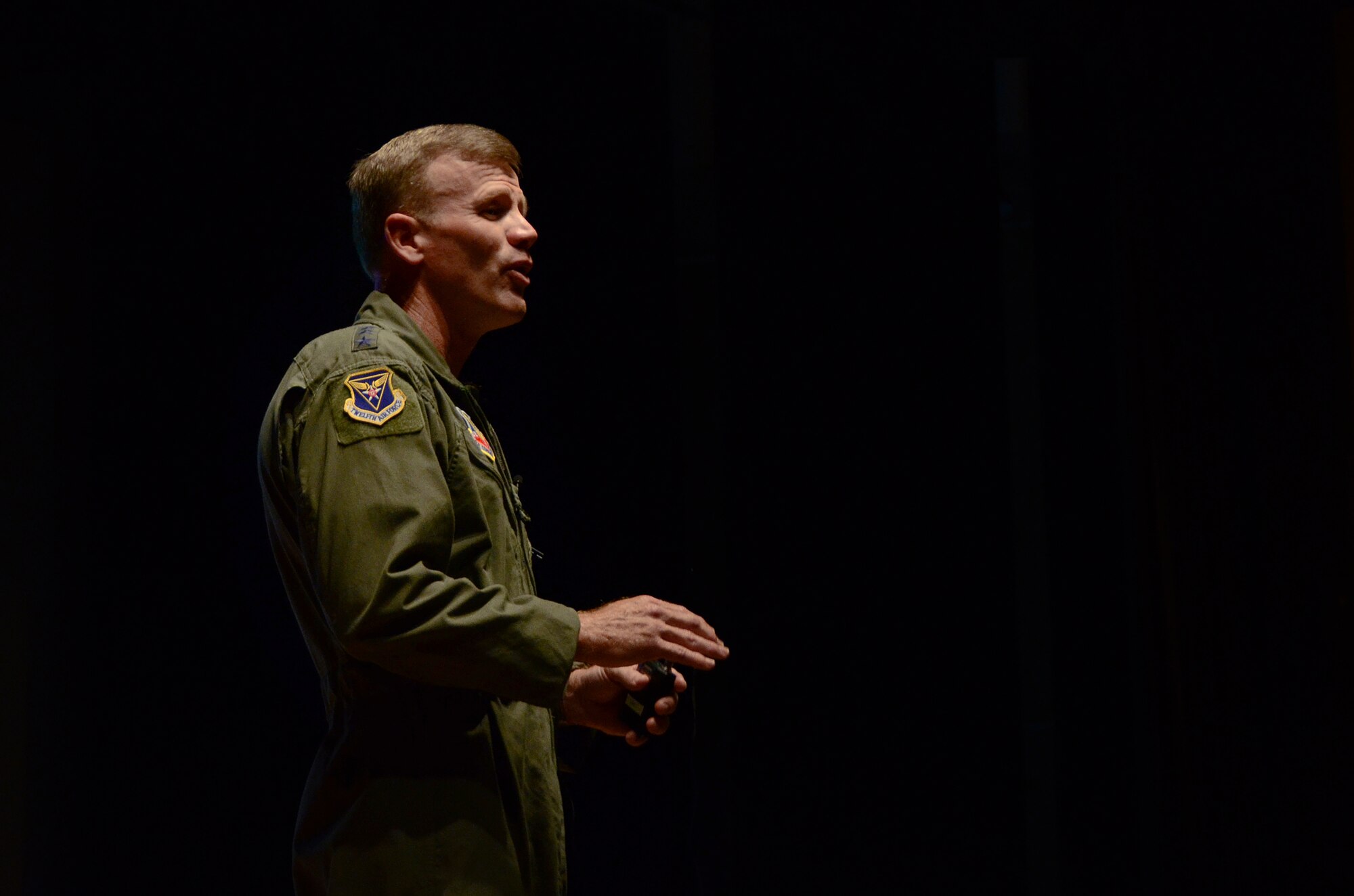 Lt. Gen Tod Wolters, Commander 12th Air Force (Air Forces Southern), addresses his Airmen during a commander’s call on Davis-Monthan AFB, Ariz., Sept. 26, 2013.  Wolters final takeaways for the commander’s call were to keep in mind family support, encourage diversity, discourage discrimination, and to remember our goal is to win America’s wars.  (U.S. Air Force photo by Staff Sgt. Heather R. Redman/Released)