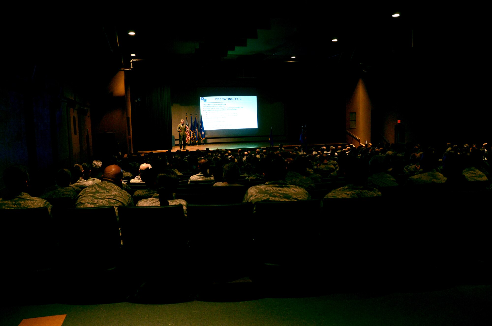 Lt. Gen Tod Wolters, Commander 12th Air Force (Air Forces Southern), addresses his Airmen during a commander’s call on Davis-Monthan AFB, Ariz., Sept. 26, 2013.  Wolters presented operating tips of what he expects of the unit.  His operating tips include keeping readiness up as well as anticipating the needs of your chain of commands.  (U.S. Air Force photo by Staff Sgt. Heather R. Redman/Released)