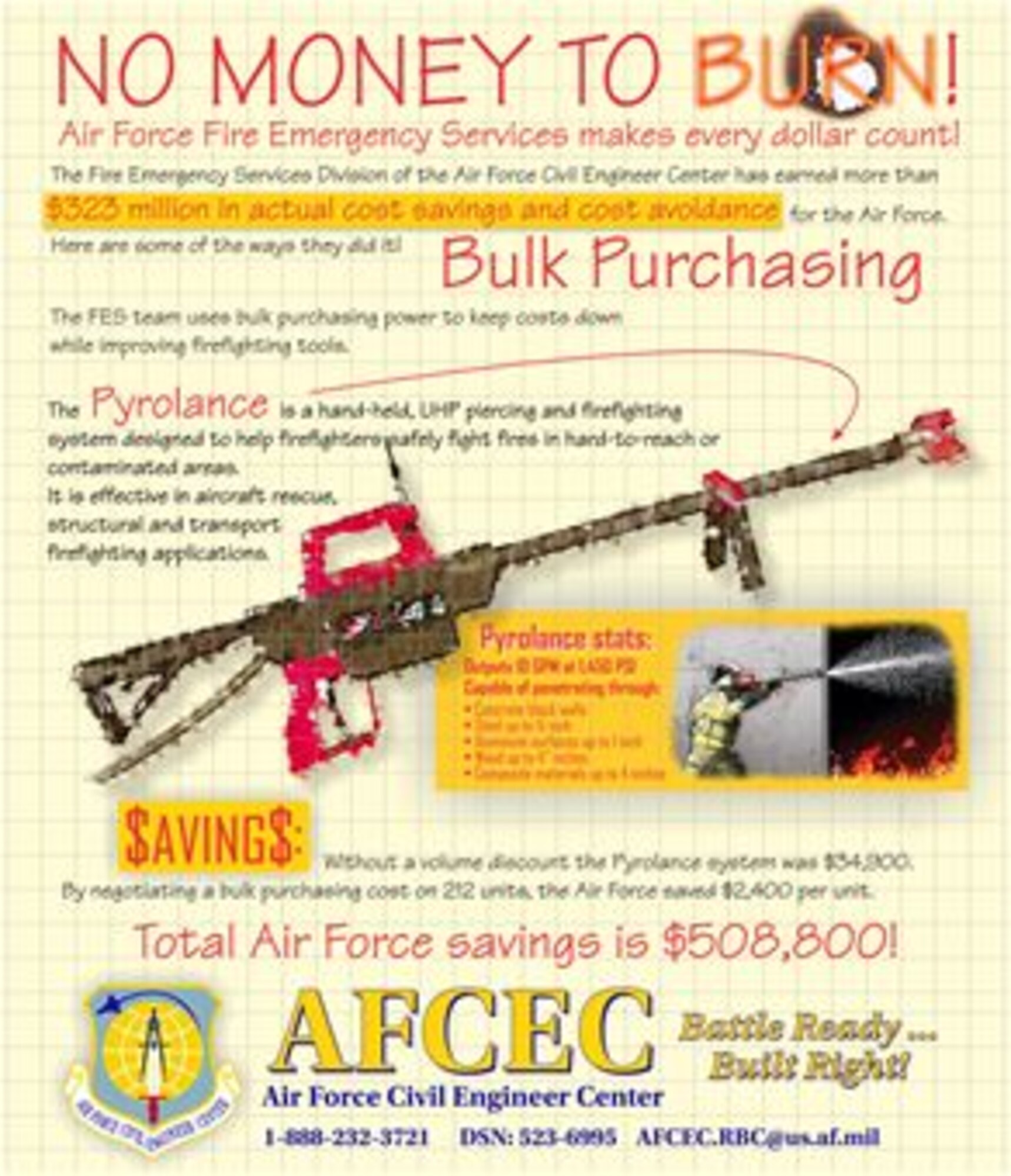 TYNDALL AIR FORCE BASE, Fla. - The Air Force Civil Engineer Center's Fire Emergency Services Division used bulk purchasing power to keep costs down while improving the tools firefighters need to do their jobs. One example is the procurement of 212 Pyrolance systems for Air Force fire departments.  (U.S. Air Force graphic/Jeff Pendleton)