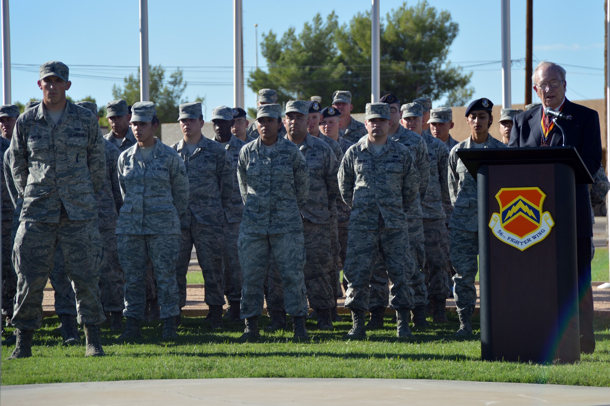 Former POW retired Brig. Gen. Tom Browning speaks with members of the Luke Air Force Base community Sept. 20 during the Annual POW/MIA Recognition ceremony at Luke Air Force Base. The event occurs every year on the third Friday of September. It honors prisoners of war and recognizes military members missing in action. (U.S. Air Force photo/Airman 1st Class Deavante Williams)