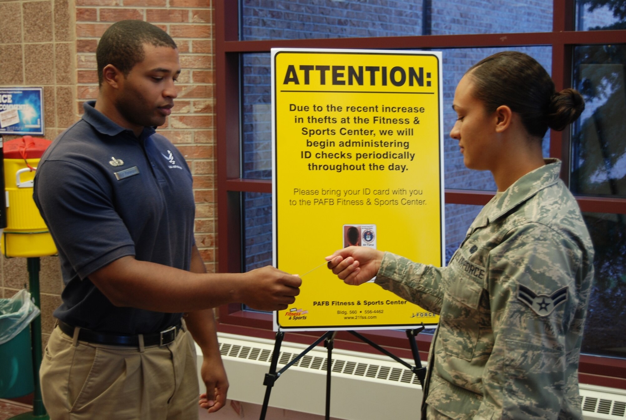 PETERSON AIR FORCE BASE, Colo. – Have your ID handy at the Peterson Fitness and Sports Center, which is now conducting random ID card checks during the week and 100 percent checks on the weekends in an effort to curb thefts that have been occurring in the locker rooms. "The majority of thefts we are seeing are from people not properly securing their personal items in the locker rooms," said Roger Hill, Fitness and Sports Center athletic director. The staff at the fitness center asks that patrons be patient with the ID check process and leave personal items of value secured in their vehicles or use the lockers provided. The fitness center front desk will loan locks for daily use, if needed. (U.S. Air Force photo/Michael Golembesky)