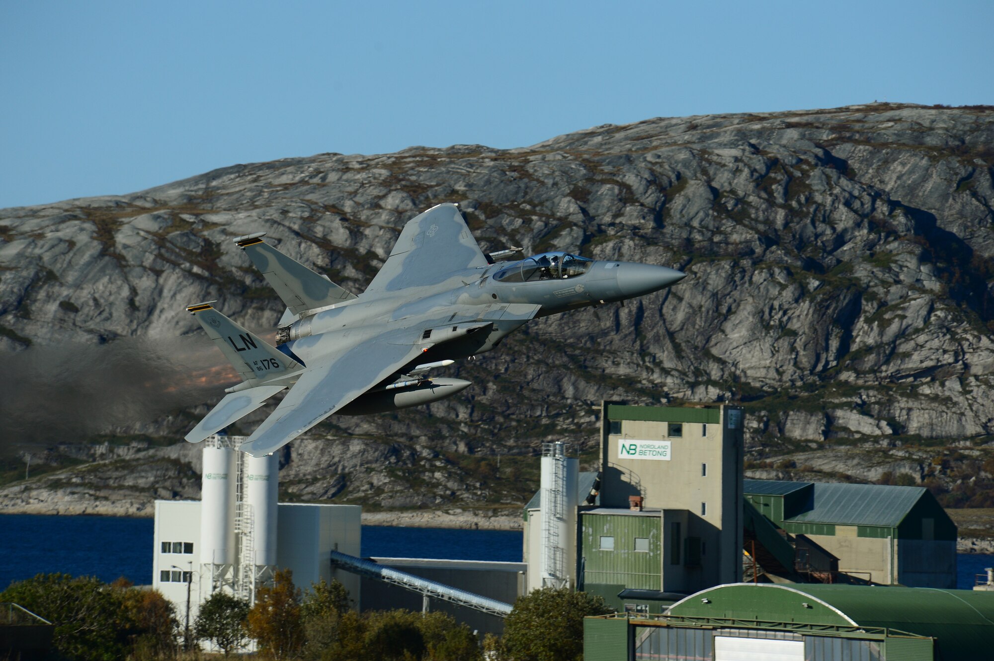 An F-15C Eagle assigned to the 493rd Fighter Squadron launches from Bodø Main Air Station, Norway, Sept. 24, 2013. Approximately 30 aircraft deployed from RAFs Lakenheath and Mildenhall to multiple locations in Norway in support of the Arctic Challenge Exercise 2013. ACE-13 was a combined exercise with NATO and regional allies, which promoted continued interoperability between the United States, Norway, Sweden, Finland, United Kingdom and NATO. (U.S. Air Force photo by Master Sgt. Lee Osberry/Released)