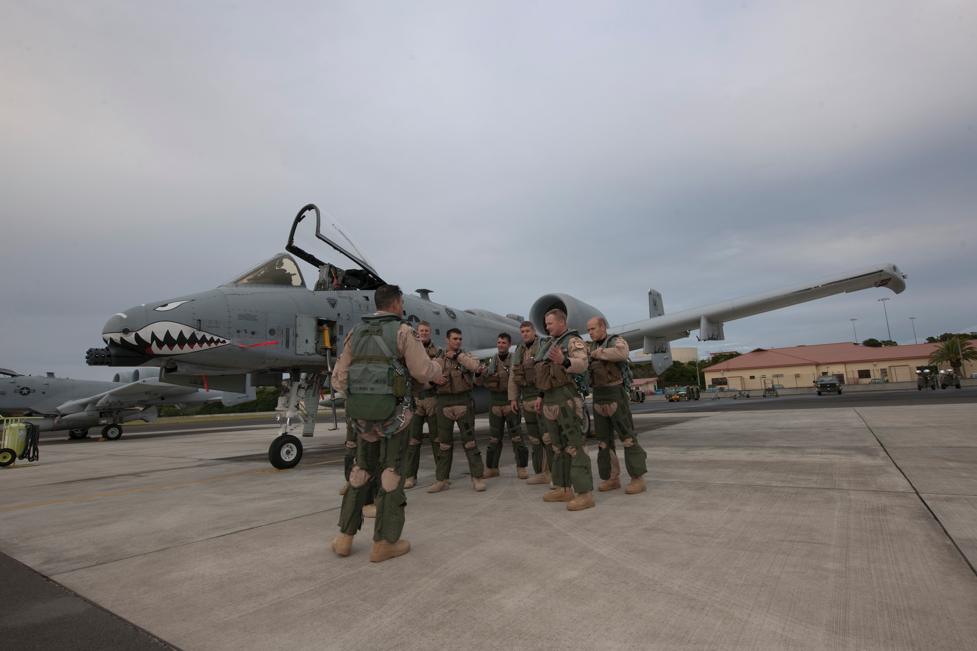 Pilots from the 75th Fighter Squadron conduct a post flight brief at Lajes Field, Azores, Sept. 24, 2013. The 75th FS arrived from Moody Air Force Base, Ga.(U.S. Air Force photo by Tech. Sgt. Paul Villanueva II/Released)