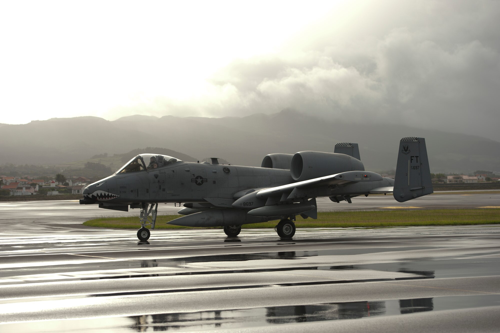 An A-10 Thunderbolt II taxis to a parking location Sept. 24, 2013, at Lajes Field, Azores. The aircraft are from the 75th Fighter Squadron, Moody Air Force Base, Ga. (U.S. Air Force photo by Tech. Sgt. Paul Villanueva II/Released)