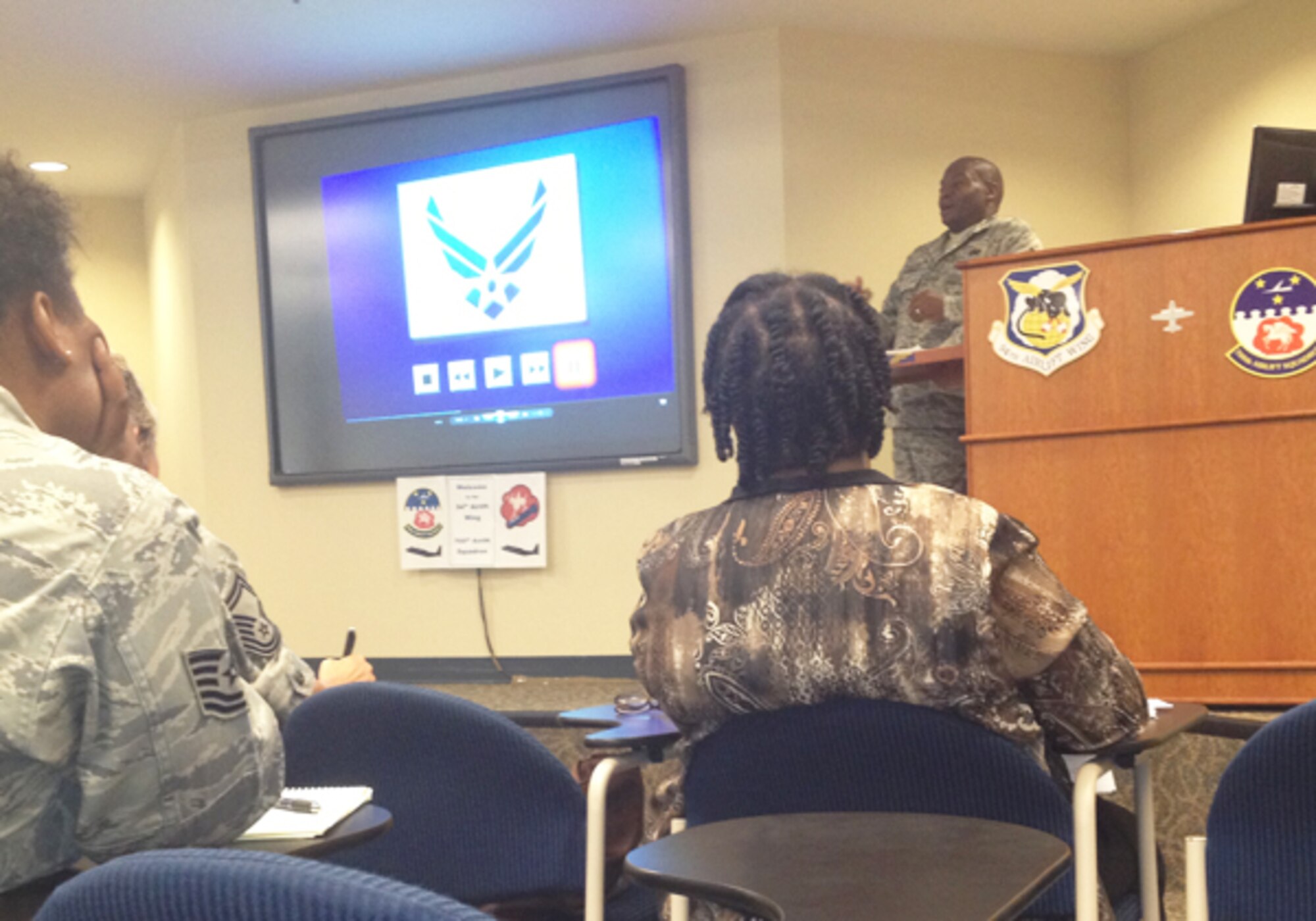 Tech. Sgt. Valentino Bradford, 94th Airlift Wing ground safety technician, provides Supervisory Safety Training to wing mambers Sept. 19. The course provided first line supervisors with basic tools to conduct individual office safety training. (U.S. Air Force photo/James Branch)
