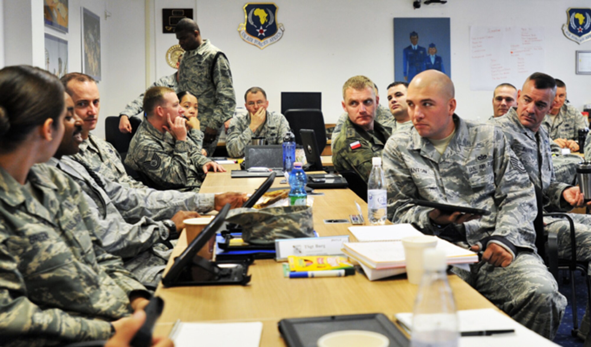Warrant Officer 1st Class Krzysztof Gadowski participates in a Kisling Noncommissioned Officer Academy class Sept. 18, 2013, Kapaun Air Station, Germany. The visit gave the Polish Senior NCO leaders a chance to further military relations and improve military education operations. (U.S. Air Force photo/Senior Airman Aaron-Forrest Wainwright)