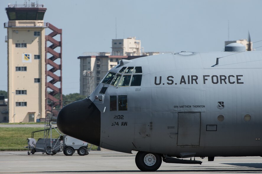 A C-130 Hercules taxes during a training mission at Yokota Air Base, Japan, Sept. 20, 2013. The C-130H provides tactical airlift worldwide, and its flexible design allows it the capability to operate in austere environments. (U.S. Air Force photo by Osakabe Yasuo/Released)