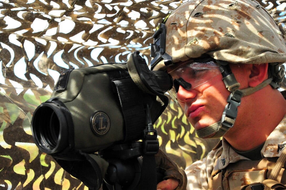Lance Cpl. Dylan Broyles stands post during a training exercise aboard Marine Corps Base Quantico. Riggins is part of a Marine Fleet Antiterrorism Security Team who spent a week training on the base. 