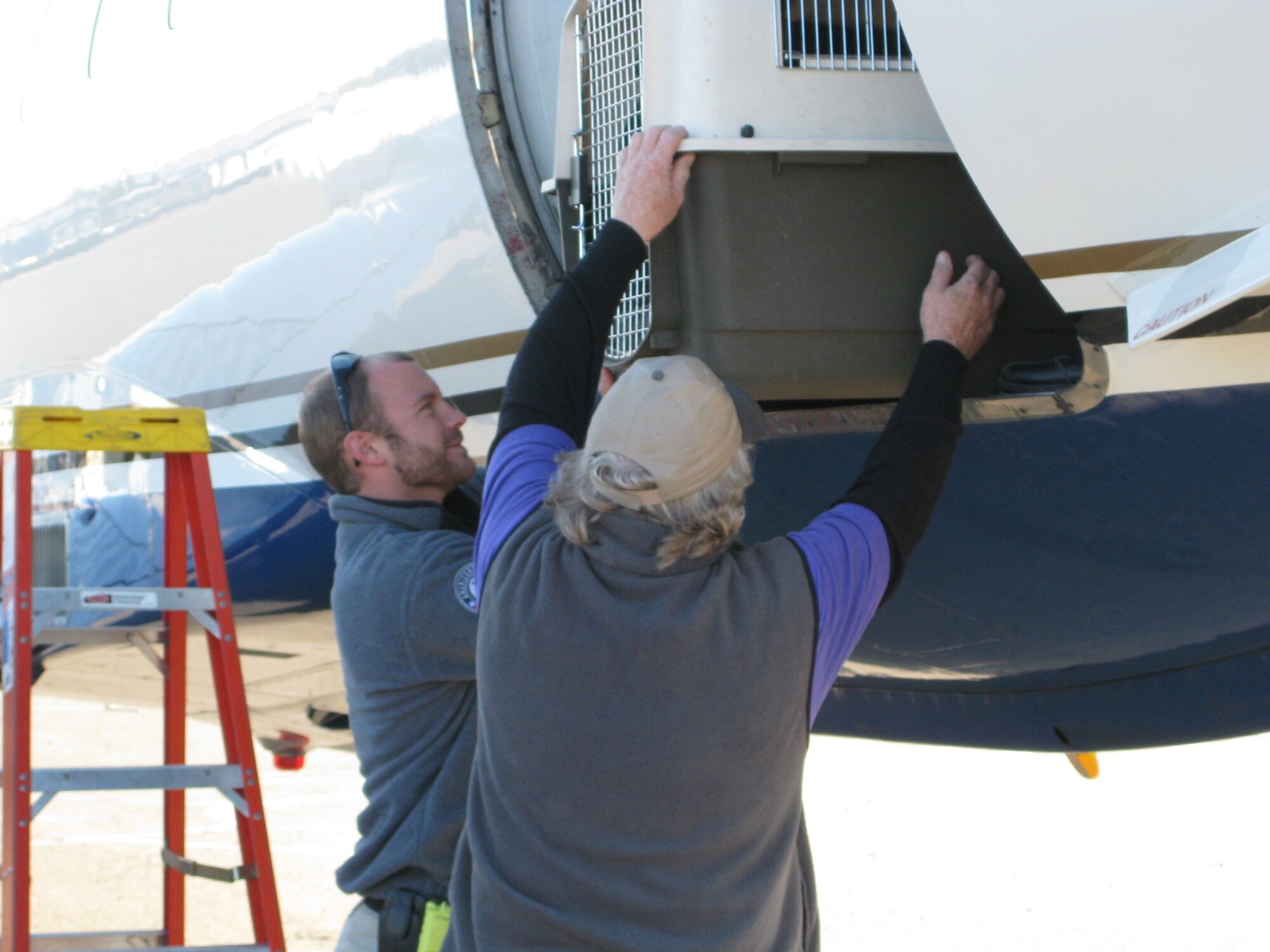 FEMA Corps team leader Andy John (left) and Jon Bushnell with the State of Alaska, offload Tiny and Cruger from the plane’s cargo hold. The dogs had been housed with Second Chance League in Fairbanks as they waited for a return flight home to Galena 