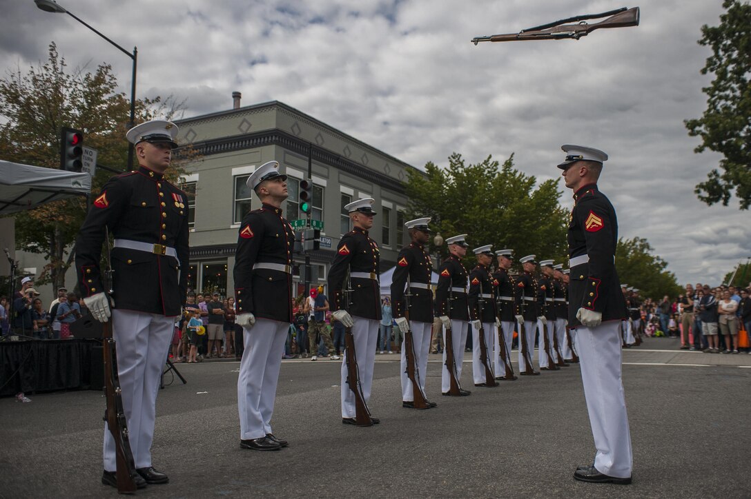 The Marine Corps Silent Drill Platoon performs during the Barracks Row Fall Festival on 8th St. SE, Washington, D.C., Sept. 28.