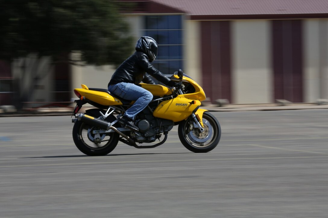 U.S. Marine Corps Sgt. Patricio Cornejo, 1st Air Naval Gunfire Liaison Company, participates in a driving exercise during a Basic Riders Course (BRC) aboard Marine Corps Base Camp Pendleton, Calif., Sept. 26. Marines are required to attend the BRC to qualify them to ride a motorcycle. (U.S. Marine Corps photo by Cpl. Jamean R. Berry/Released)