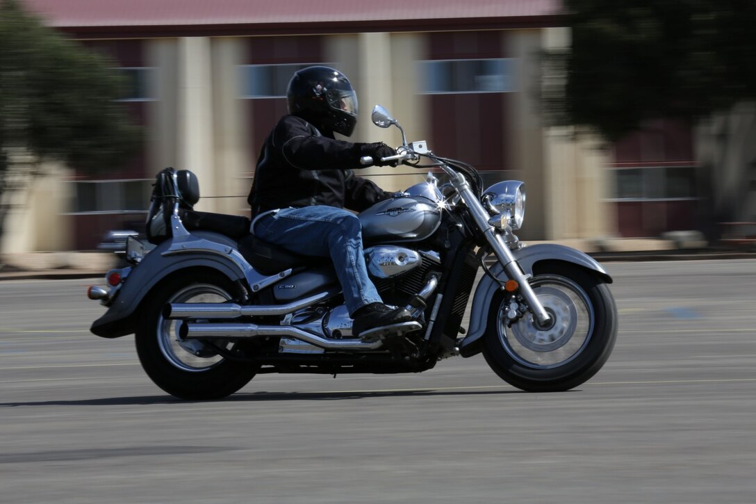 Retired U.S. Marine Corps Gunnery Sgt. Garardo Trejo drives his motorcycle during a Basic Riders Course (BRC) aboard Marine Corps Base Camp Pendleton, Calif., Sept. 26. Marines are required to attend the BRC to qualify them to ride a motorcycle. (U.S. Marine Corps photo by Cpl. Jamean R. Berry/Released)