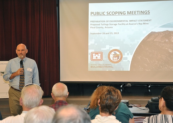 KEARNEY, ARIZ. – Mike Langley, A senior project manager in the U.S. Army Corps of Engineers Los Angeles District Arizona-Nevada Area Office’s Regulatory Division, discusses options during a public meeting held Sept. 24 for the proposed new tailings facility for Asarco’s Ray Mine. Langley is working on drafting an Environmental Impact Statement for the proposed facility and held the meeting to set forth the plan the District is working on during the course of the study. 