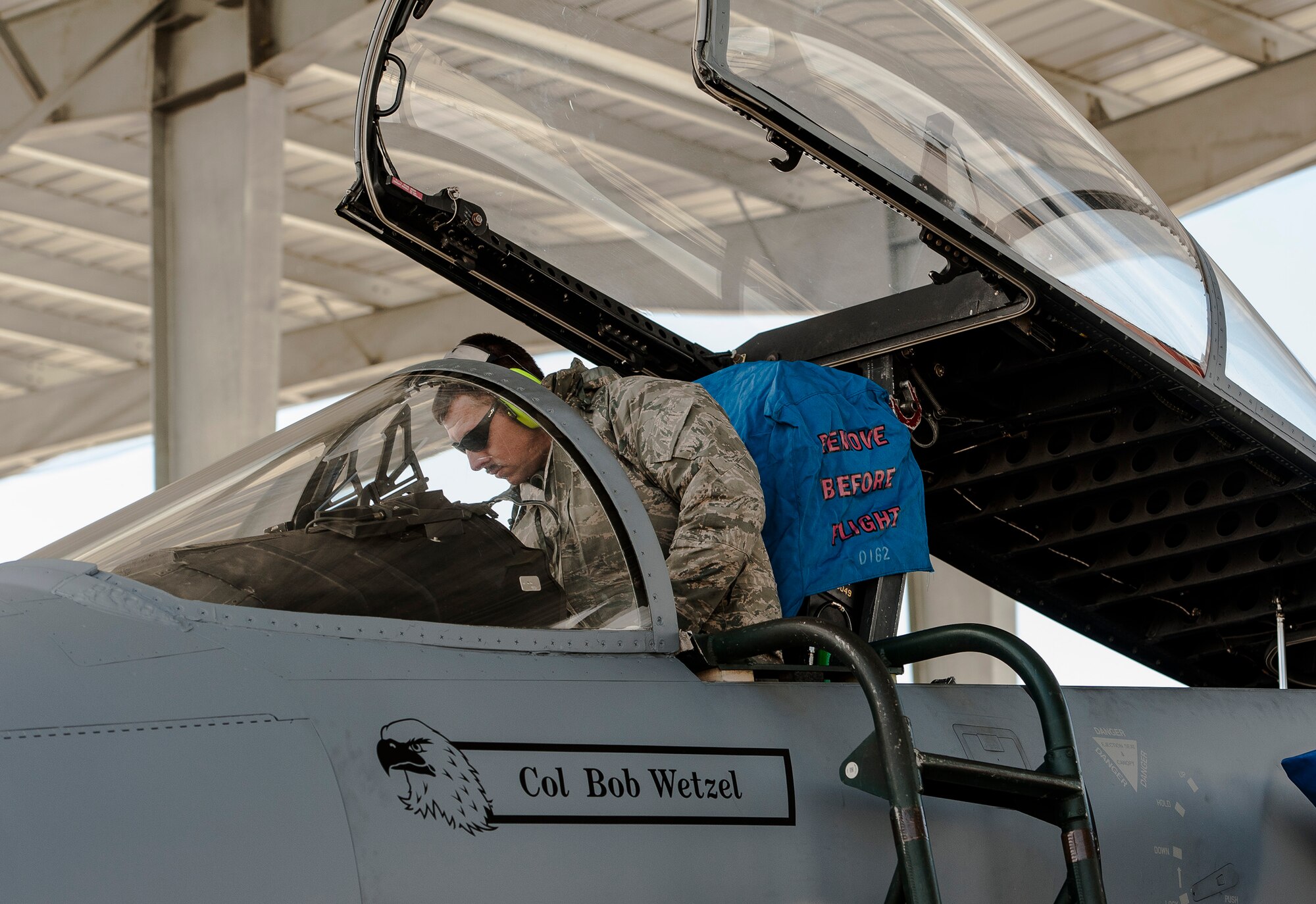 U.S. Air Force Master Sgt. Robbie Roberts, 125th Fighter Wing crew chief, performs post-flight checks on a F-15C Eagle at Mountain Home Air Force Base, Idaho, Sept. 30, 2013. The 125th FW deployed from Jacksonville Air National Guard Base, Fla., and will train with other Air Force, Navy, Marine, Army, Royal Canadian and German Air Force units during the multinational combined-joint exercise, which is scheduled to end Oct. 19, 2013. (U.S. Air Force photo by Master Sgt. Kevin Wallace/RELEASED)