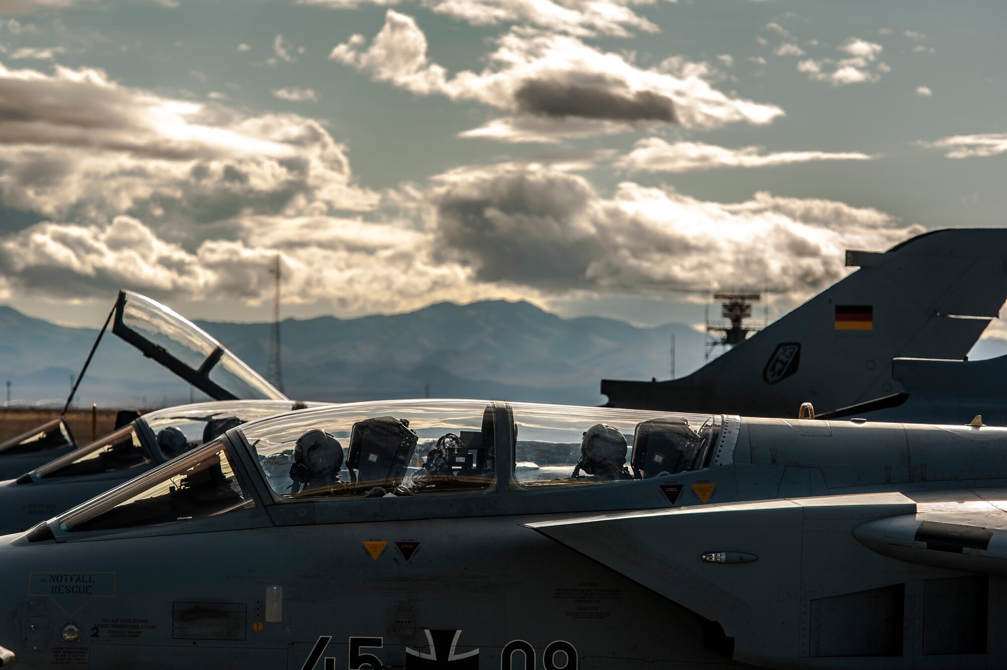 German Air Force AG-51 Tornados land at Mountain Home Air Force Base, Idaho, Sept. 30, 2013. The Tornados will be at Mountain Home from Sept. 30 through Oct. 19 for Mountain Roundup 2013, an exercise that is part of the German Air Force Tornado Fighter Weapons Instructor Course Mission Employment (ME) Phase. (U.S. Air Force photo by Master Sgt. Kevin Wallace/RELEASED)