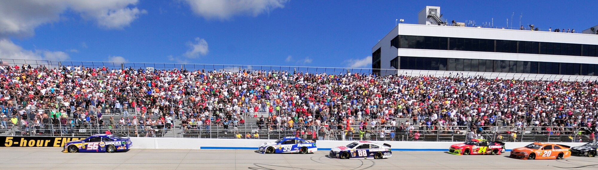 Drives race down the front stretch into turn one during the AAA 400 Sept. 29, 2013, at Dover International Speedway in Dover, Del. Jimmie Johnson, driver of the No. 48 Kobalt Chevy, won at Dover race for a record-breaking eighth time. (U.S. Air Force photo/Tech. Sgt. Chuck Walker)