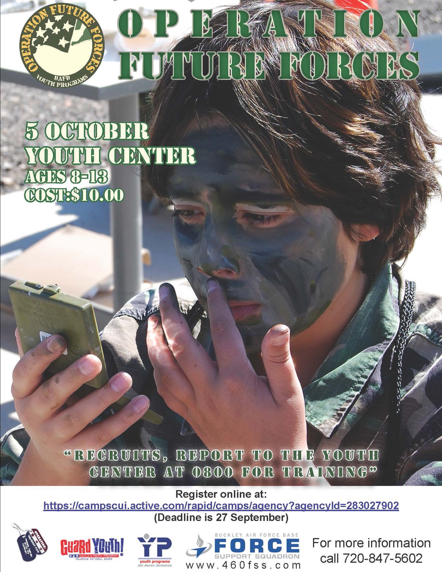 Operation Future Forces, a mock deployment for Team Buckley youth, is scheduled Oct. 5, 2013, starting at the Buckley Youth Center. OFF is designed to place youth through a mock deployment process that includes simulated basic and technical training, capping off with a fake deployed mission and redeployment. The focus is to ease the anxiety of Team Buckley youth when their parents deploy.
