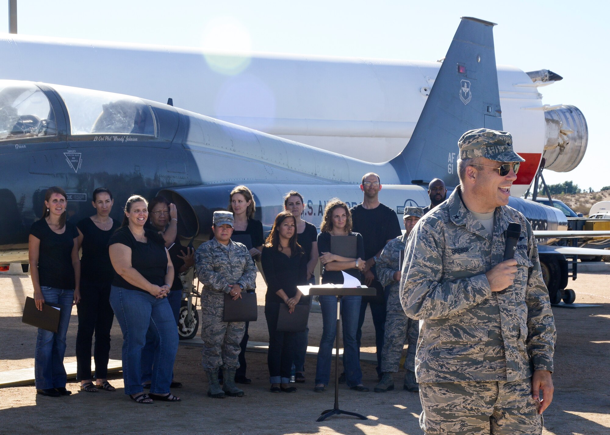 Brig. Gen. Michael T. Brewer, 412th Test Wing commander, speaks to Team Edwards members at the Air Force Test Center Museum during Edwards AFB's celebration of the 66th birthday of the U.S. Air Force Sept. 27. (U.S. Air Force photo by Rebecca Amber)
