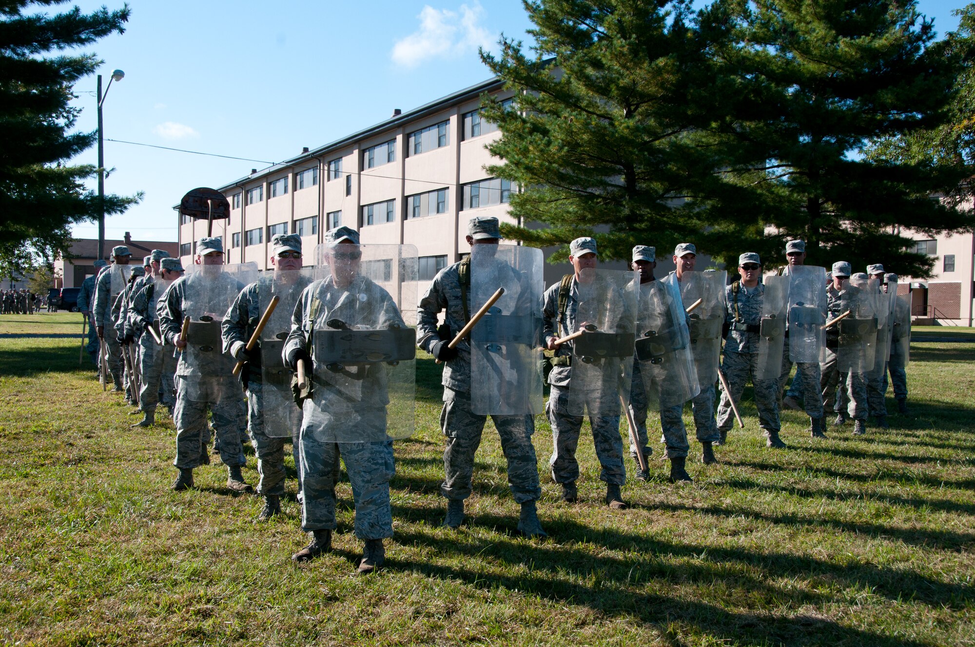 Members of the 108th Wing and 177th Fighter Wing participate in the annual Quick Response Force (QRF) training Sept. 29, 2013, at Joint Base McGuire-Dix-Lakehurst, N.J. QRF training teaches Guard members how to deal with disturbances when called to duty for civil support. (U.S. Air National Guard photo by Senior Airman Adrian R. Rowan)
