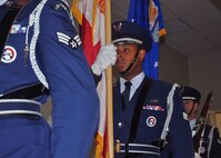 Eglin Air Force Base Honor Guard members present the colors during a 919th Special Operations Wing reservist's retirement ceremony at Duke Field, Fla. recently.  With about 25 team members, the Eglin honor guard handles more than 440 honors functions annually, including funerals and various ceremonial honors. (U.S. Air Force photo/Dan Neely) 