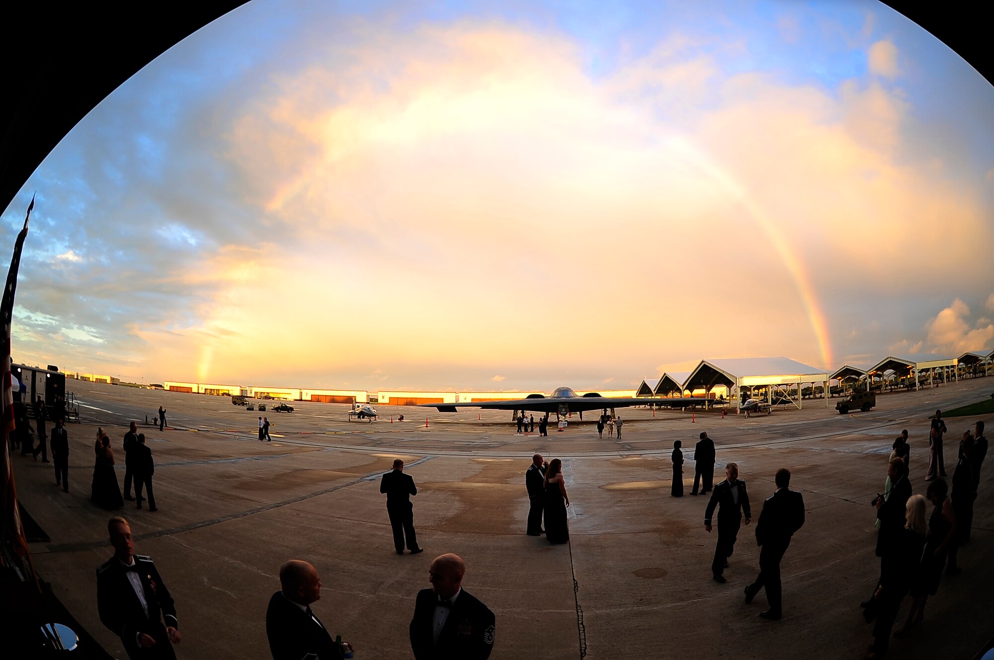 During the Year of the B-2 Gala at Whiteman Air Force Base, Mo., Sept. 28, 2013, a rainbow made a brief appearance over the “Spirit of Missouri.” The gala celebrated the 20th anniversary of the B-2 Spirit stealth bomber, which made its first landing at Whiteman in December 1993. (U.S. Air Force photo by Staff Sgt. Brigitte N. Brantley/Released)
